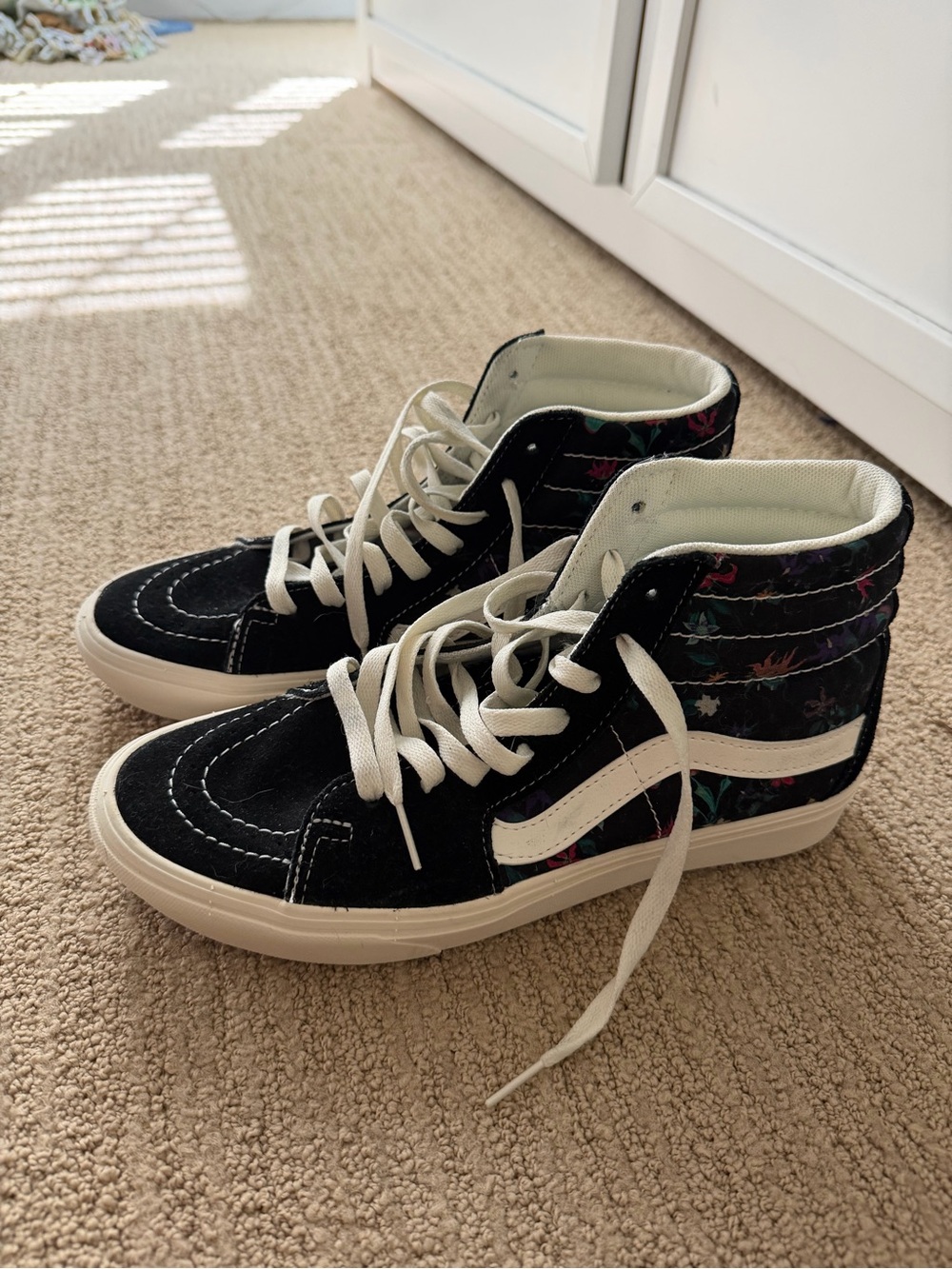 Vans Black High-Top Sneakers with White Stripe and Floral Collar